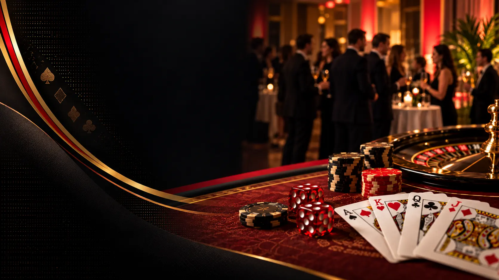 An elegant corporate casino-night event with roulette, cards, dice, and casino chips