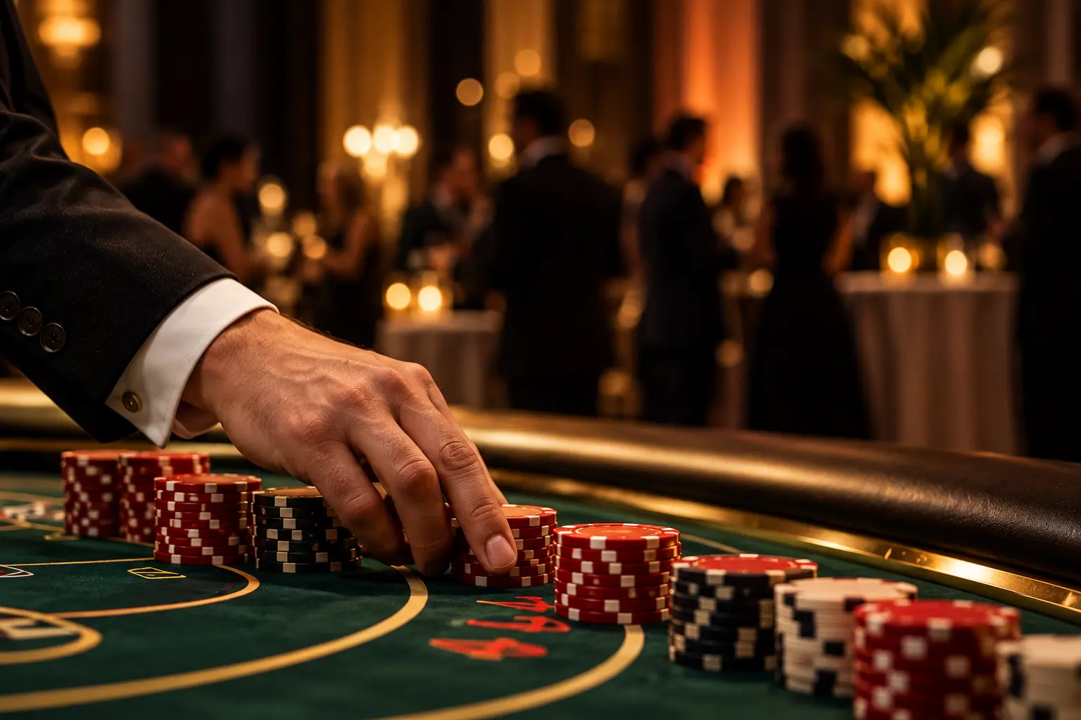 A professional casino dealer arranging chips at an elegant event